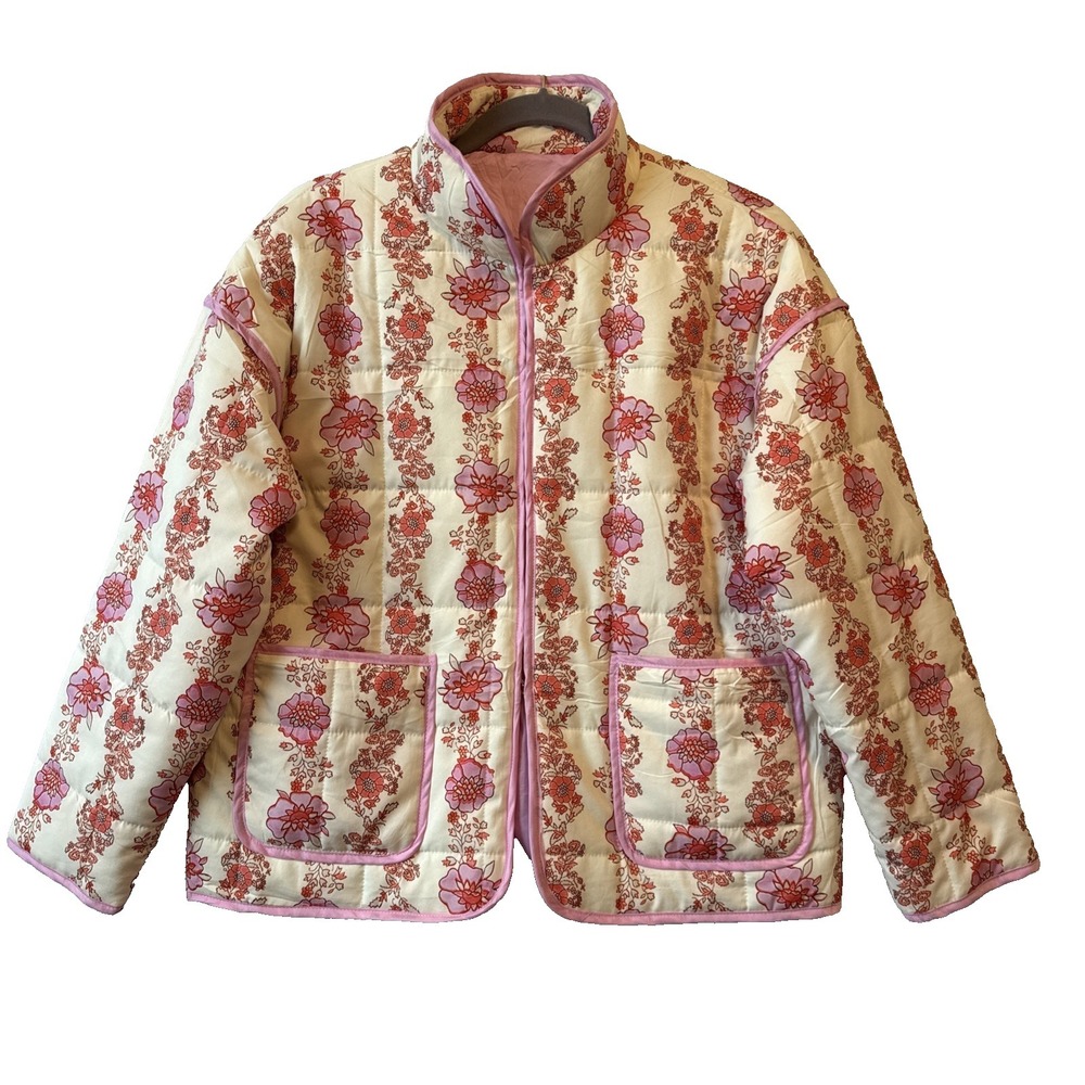 Cottagecore Quilted Pink Cream Floral Lightweight Cardigan Jacket S Relaxed Boho